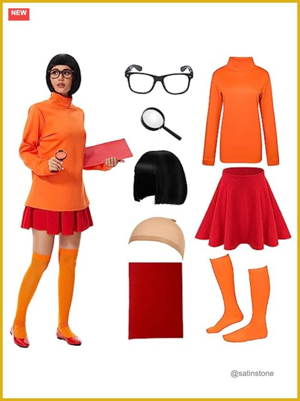 Velma Costume Adult 8 Piece Set with Wig Turtleneck Crop Top Halloween Cosplay